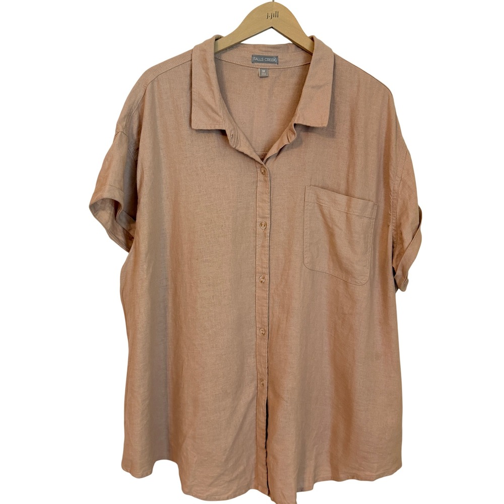 Falls Creek Button Up Shirt Size 3X slouchy Tan Short Sleeve linen blend cruise
